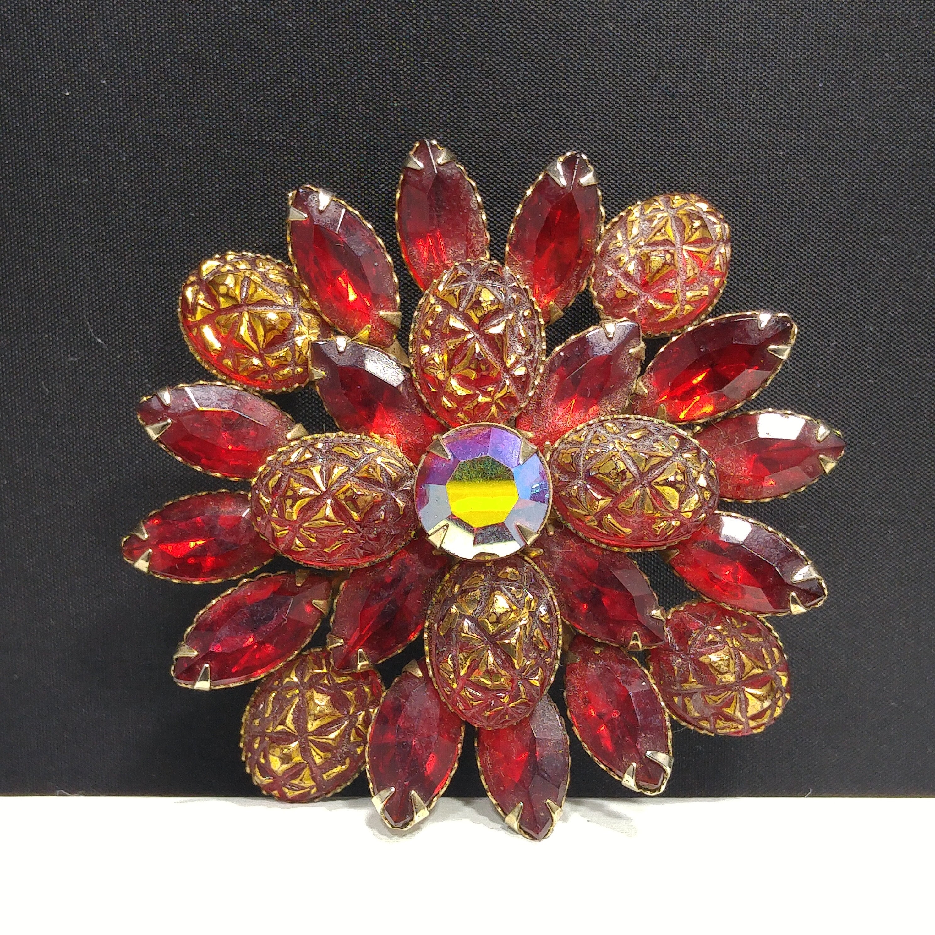 Judy Lee Red Rhinestone Brooch, Red Gold Molded Glass Petals