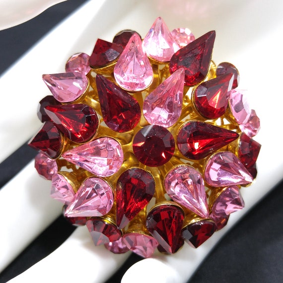 Red & Pink Domed Rhinestone Brooch, Gold Plated F… - image 1