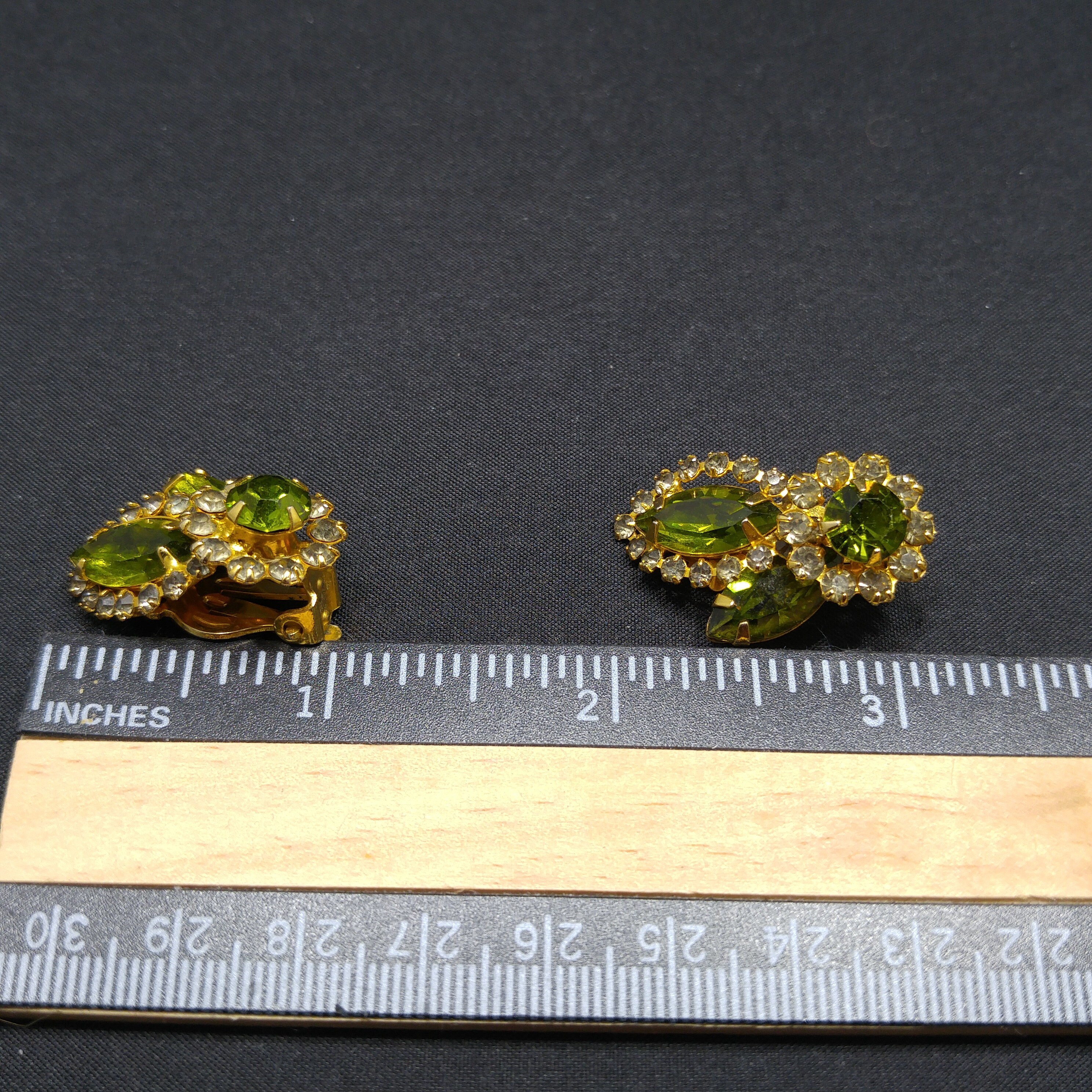 Weiss Green Clear Rhinestone Earrings, Gold Plated, 1960s