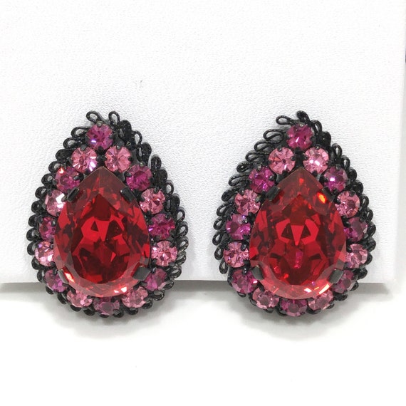 Austrian Red Pink Rhinestone Earrings, Japanned B… - image 6