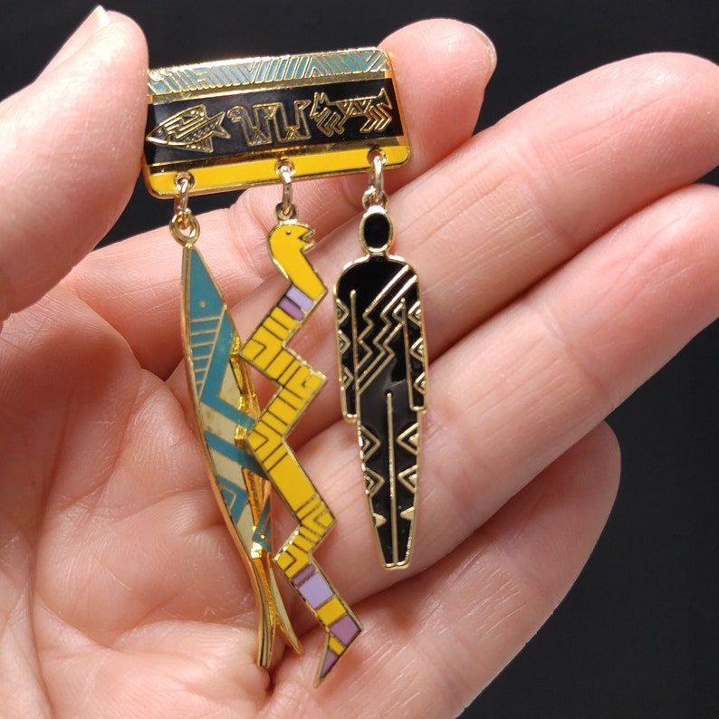 Gold Plated Laurel Burch Artifacts Brooch Fish Snake Man 1980s Vintage Jewelry