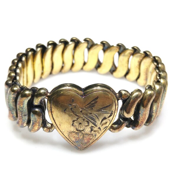 S. O. B. Bigney Sweetheart Bracelet, cuore inciso espandibile, gioielli vintage del 1940