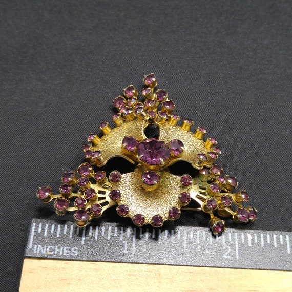 Purple Rhinestone Flower Brooch, Gold Plated, 195… - image 6