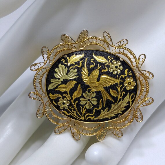 Damascene Filigree Oval Brooch, Flower & Bird Pin… - image 2