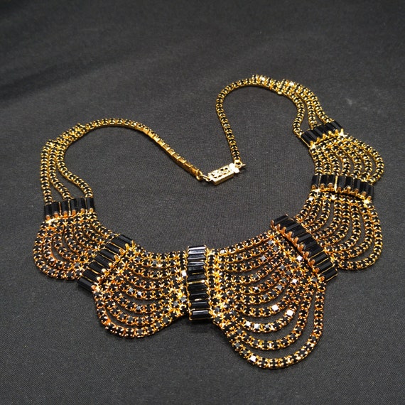 Black Rhinestone Festoon Necklace, Gold Plated, 1… - image 8