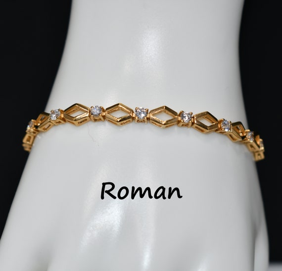 Roman Vintage Tennis Bracelet, Gold Plated, Clear… - image 1