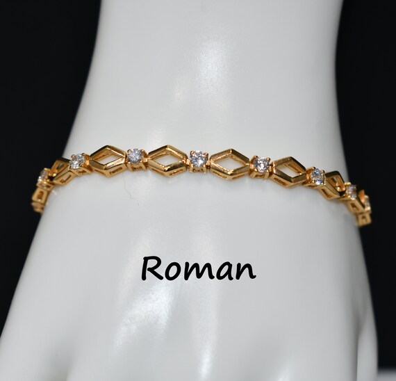 Roman Vintage Tennis Bracelet, Gold Plated, Clear… - image 1