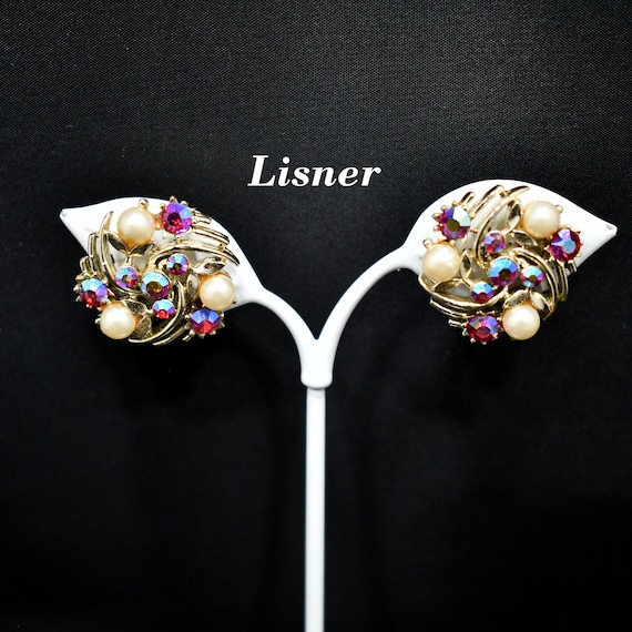 Lisner AB Red Rhinestone Earrings, Screw Backs, 1… - image 1