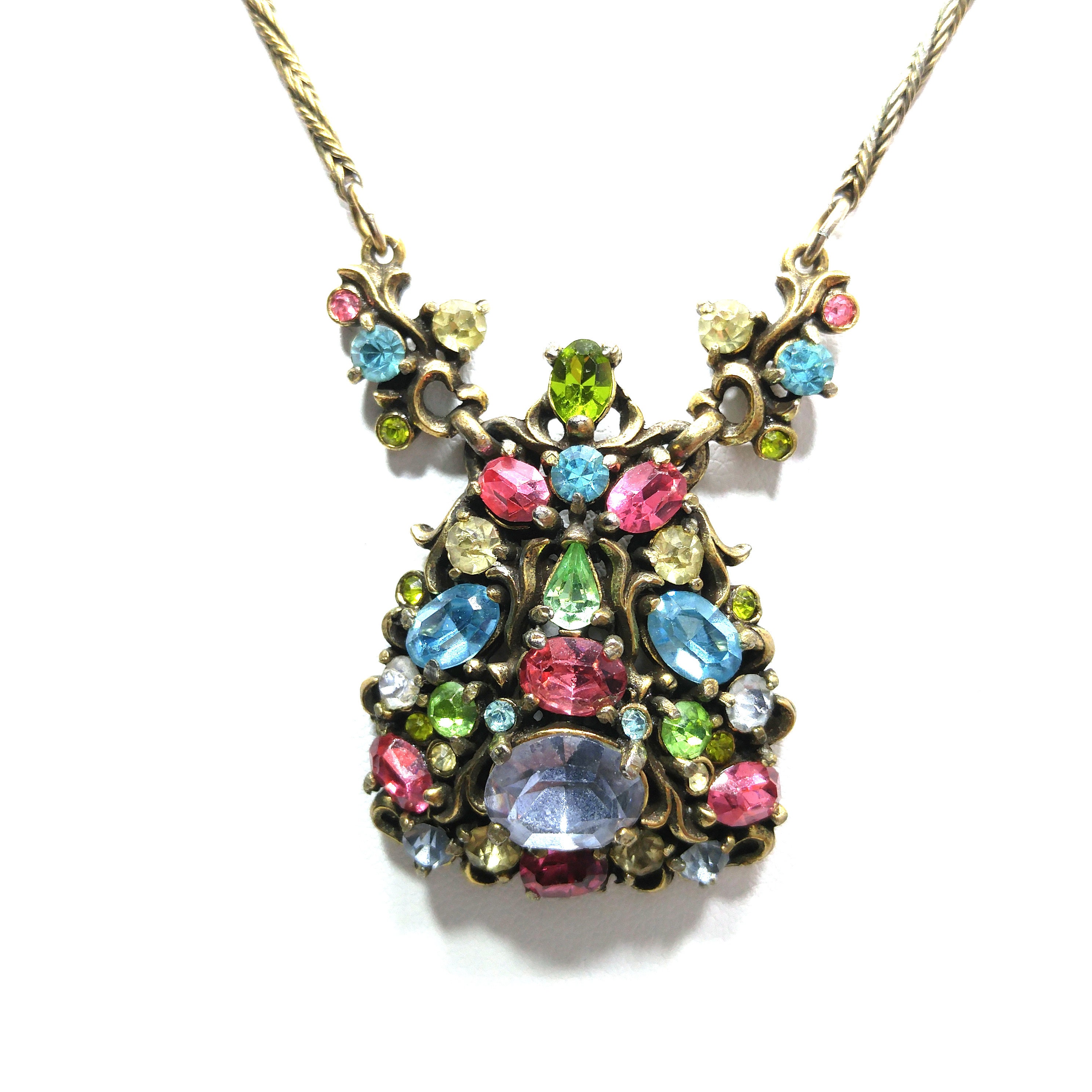 ☆人気☆【VINTAGE HOLLYWOOD】☆All Crystal Color Earcuf.f☆ Hollycraft Pastel Rhinestone Necklace Earrings Set