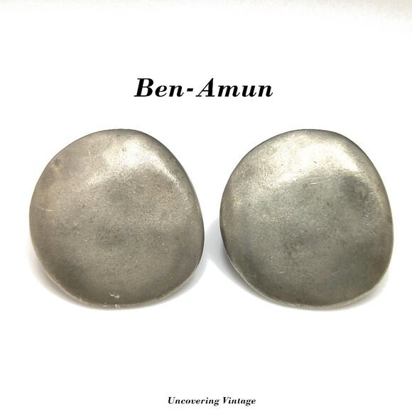 Ben Amun Large Modernist Vintage Earrings Pewter Silver Tone