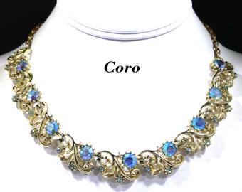 Coro Blue Aurora Borealis Rhinestone Choker Necklace, Gold Tone, 1950s Vintage Jewelry