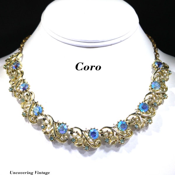 Coro Blue Aurora Borealis Rhinestone Choker Necklace, Gold Tone, 1950s Vintage Jewelry