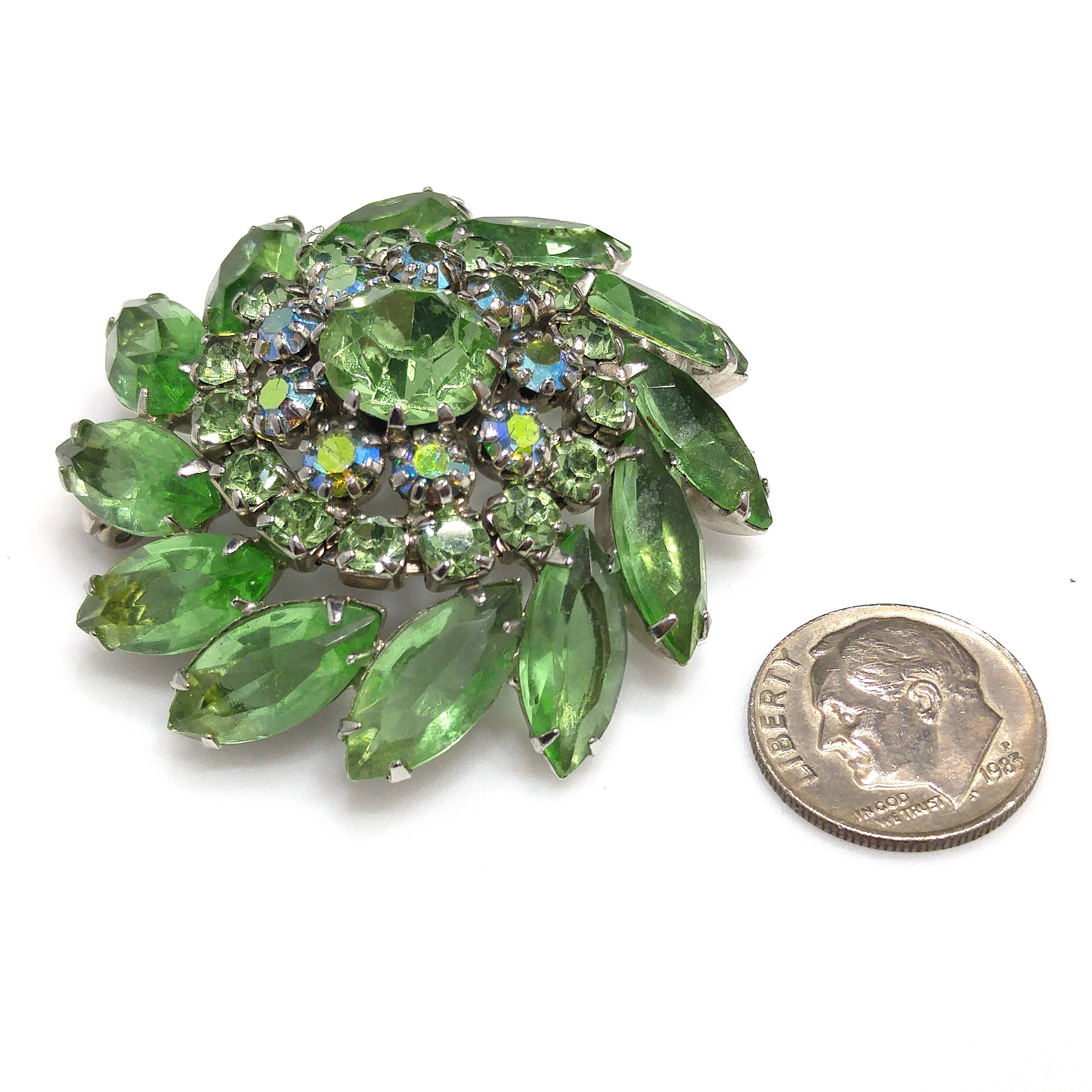 Peridot Green Rhinestone Domed Brooch, Aurora Borealis