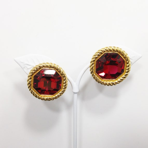 Swarovski Red Crystal Faceted Clip Earrings, Gold… - image 2
