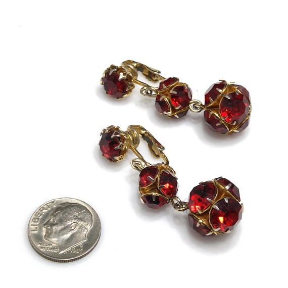 Red Rhinestone Long Clip Earrings, Rhinestone Bea… - image 7