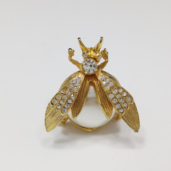 Fly Insect Faux Pearl Brooch, Clear Rhinestones, … - image 3