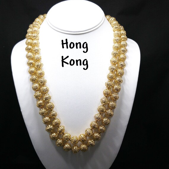 Hong Kong Filigree Beaded Necklace, Gold Tone, 1950s Vintage