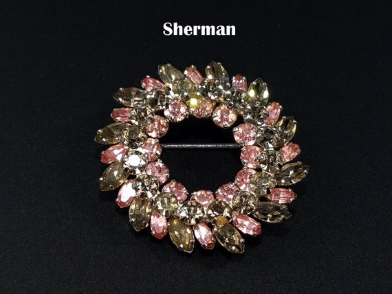 Sherman Pink Grey Wreath Rhinestone Brooch, Rhodi… - image 1