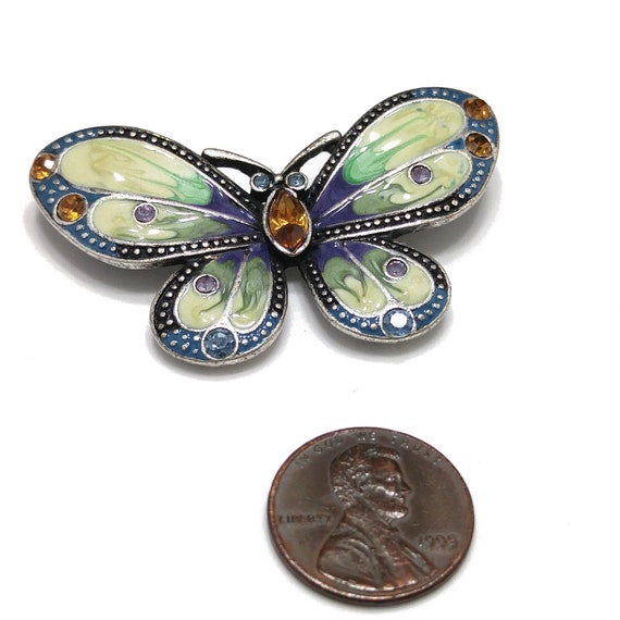 Butterfly Enamel & Rhinestone Brooch, Silver Tone… - image 7