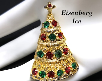 Eisenberg Ice Christmas Tree Brooch, Red Green Rhinestones, 1970s Vintage Jewelry