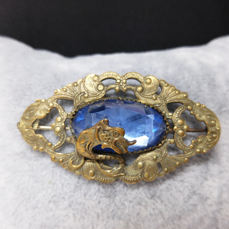 Antique Dragon Overlay Blue Glass Brooch, Edwardian Ornate Pin, 1910s Vintage Jewelry image 8