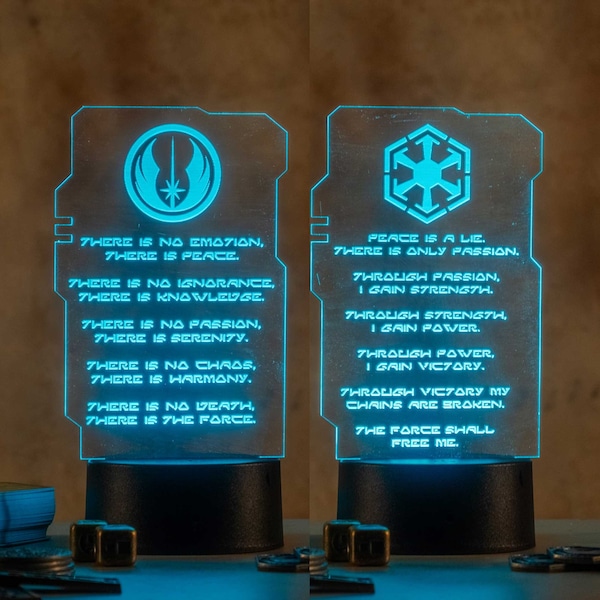 Jedi and Sith Code Hologram LED Night Light with remote control | Star Wars Engraved Acrylic nightlight | Geek Nerd Gift Art