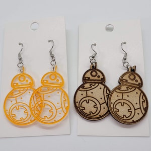 BB-8 Droid Earrings | Lightweight Engraved Star Wars Rebels Clone Acrylic Jewelry Laser Cut | Rey & R2D2 Friend | Geek Nerd Gift Unique Art