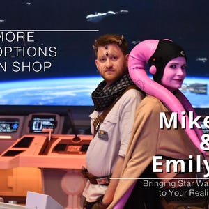 May include: Image featuring two people dressed in Star Wars-themed costumes. The image includes the text "More Options in Shop" and "Mike & Emily Bringing Star Wars to Your Reality". The background shows a futuristic spaceship interior.