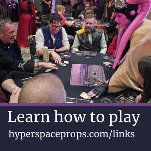 May include: A group of people are gathered around a table playing a board game. The game features cards, tokens, and a game board. The image includes the text "Learn how to play" and a website address.
