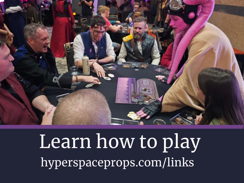 May include: A group of people are gathered around a table playing a board game. The game features cards, tokens, and a game board. The image includes the text "Learn how to play" and a website address.