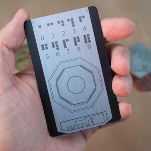 May include: A black and silver card with a grid of numbers 0-9 and a circular design in the center. The card has a black border and a brushed metal finish.