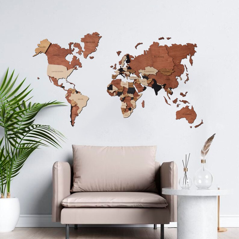 World Map Wall Art Wood Wall Art Rustic Wall Map Wood Map Push Etsy