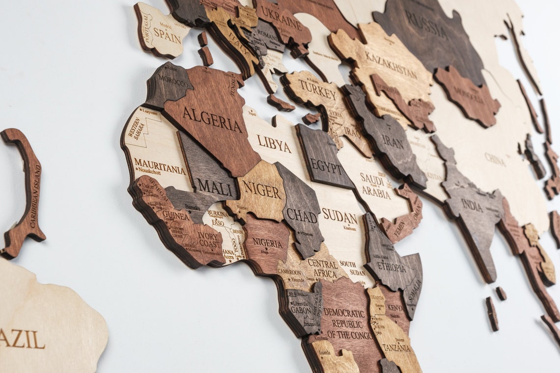 World Map Wall Art Wood Wall Art Rustic Wall Map Wood Map Push Etsy