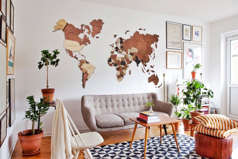 World Map Wall Art Wood Wall Art Rustic Wall Map Wood Map Push Etsy