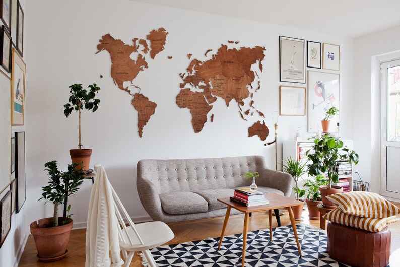 World Map Wood Wall Art Wooden Office Decor Push Pin Travel Farmhouse