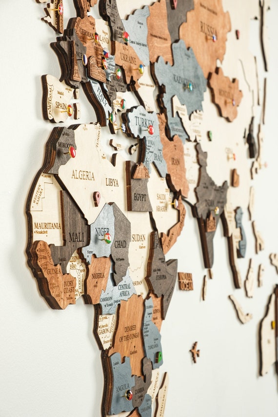 Wooden World Wall Map in Black and White M size 43/" x 24”