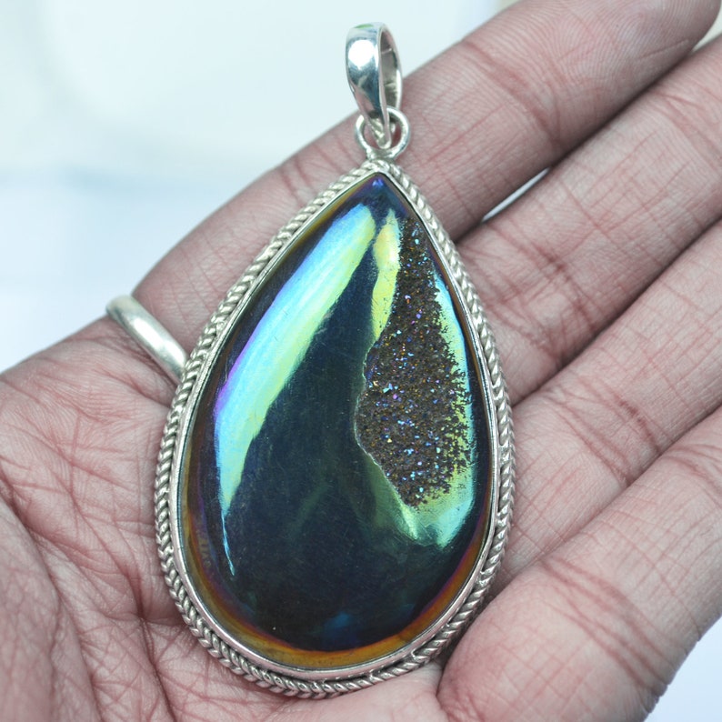 Pear Shape Blue Sparking Pendant 2.9x4.5 Fine Jewelry 20.83 Gm 925 Sterling Silver Pendant Jewelry Titanium Druzy Gemstone Pendant