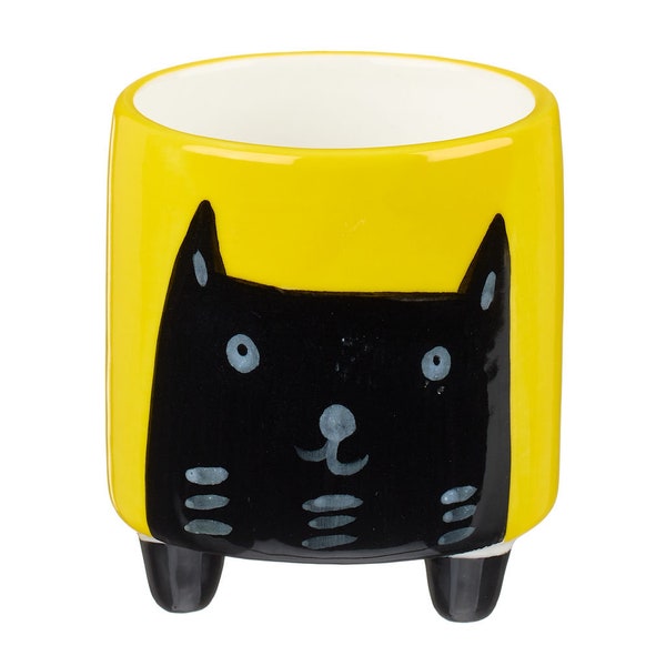 Yellow ceramic handmade indoor planter with cat drawing. Perfect present for cat lover. Lovely gift for under 25