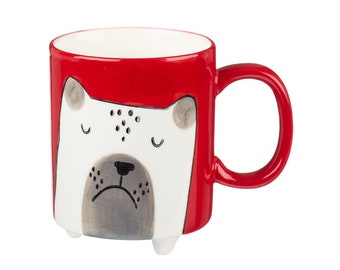 Handmade Grumpy Dog Mug: Red Ceramic Coffee Cup with Feet