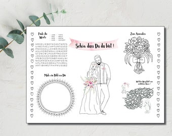 PDF - Coloring sheet for the children at your wedding as a download file with puzzles and coloring pictures