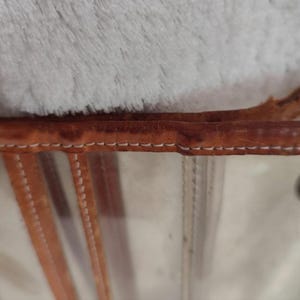 May include: A clear plastic tote bag with a brown leather trim and stitching. The bag has a metal button on the side.