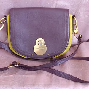May include: A purple crossbody bag with a gold clasp and a matching strap. The bag has a rounded flap with a gold lock and a yellow side panel. The bag is made of leather.