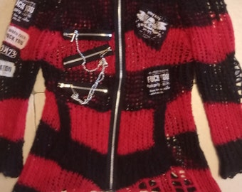 Womens Punk Stripped Ripped Knitted Cardigan Gothic with sculls,chains