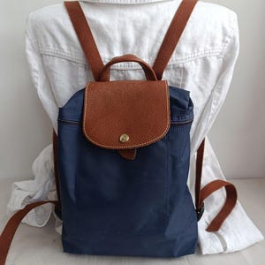 Longchamp Navy Blue Nylon Backpack with Brown Leather Flap Classic Longchamp | Bags | Longchamp Blue Brown Nylon Leather Mini  main image 4