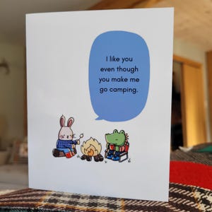 Carte amour/amitié : camping avec lapins et crocodiles