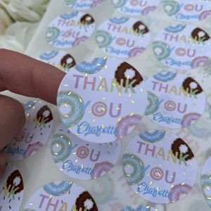 Personalised Foil Doughnut Sticker•Thank You For Coming to My Party•Foil Sticker•Birthday Party•Sweet Cone Stickers•Sweet Bags•Party Sticker