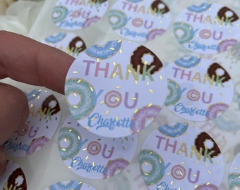 Personalised Foil Doughnut Thank You Stickers: Birthday Party Favours