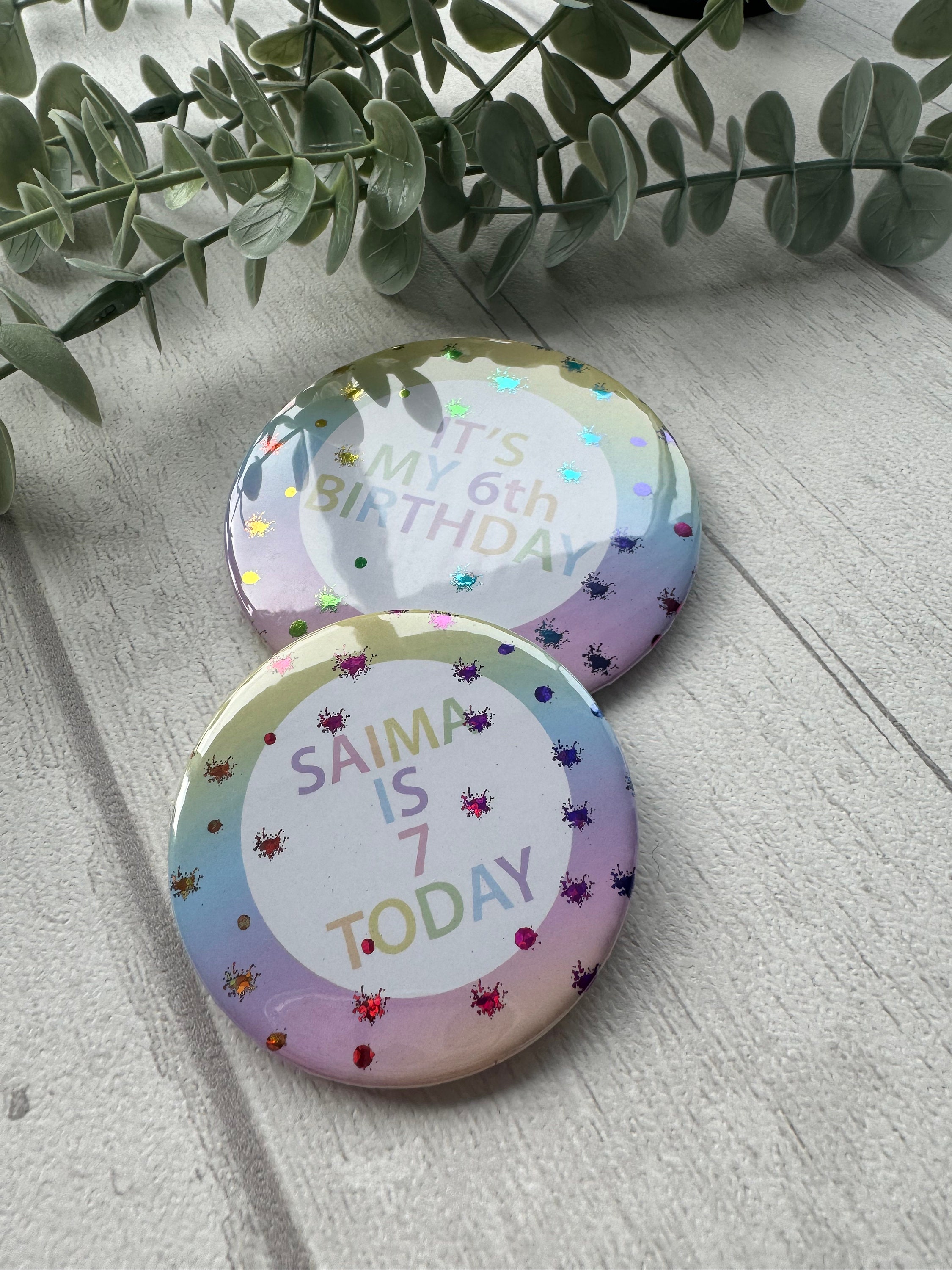 Birthday Badge, Rainbow Theme Badge, Rainbow Birthday,Personalised Birthday Badge, Birthday Pin,Personalised Badge 25mm,58mm,77mm, Badges