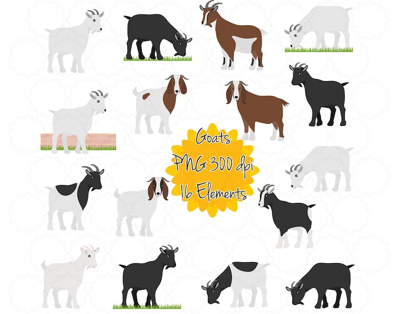 Puede incluir: Un conjunto de 16 ilustraciones digitales de cabras en varias poses. Las cabras son blancas, marrones, negras y manchadas. Las ilustraciones est&aacute;n en formato PNG y tienen una resoluci&oacute;n de 300 dpi.