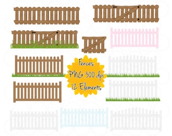 Fence Clipart / Gate Clip Art / Picket Fence Graphic png / Farm Gate Printable / Instant Download Digital Art / Pink Blue White Wooden Grass